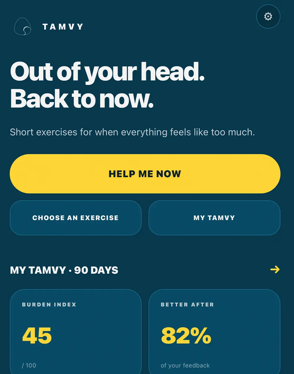 TAMVY home screen with Help me now, Burden Index and personal insights