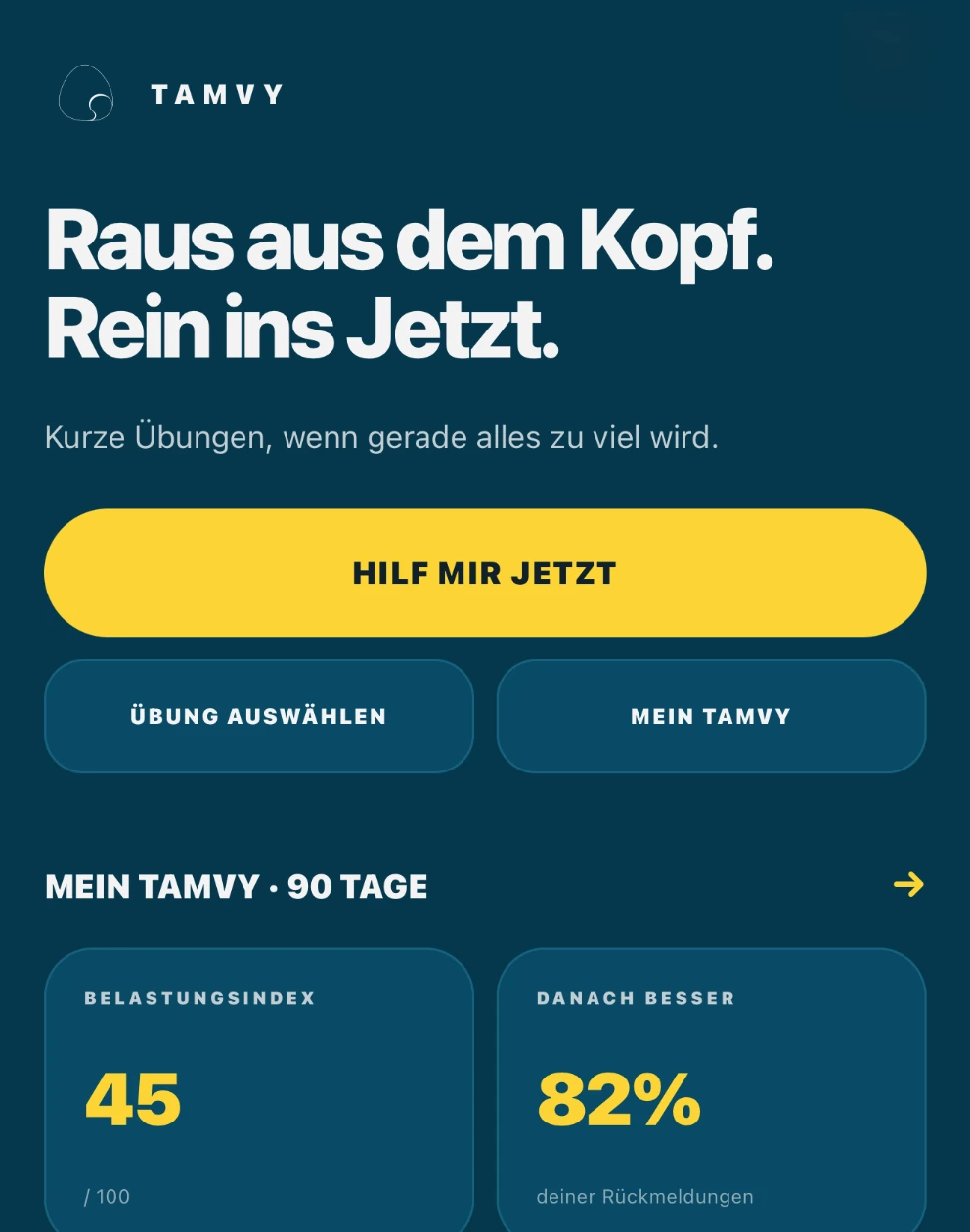 TAMVY Startseite mit Hilf mir jetzt, Belastungsindex und persönlicher Auswertung
